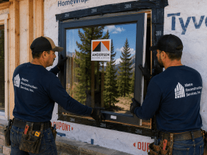 Two construction workers in navy shirts install a large dark-framed window into a new-home opening; sticker reads Andersen Windows & Doors.