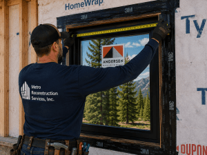 Construction worker installs a window in a framed wall, using a tape measure; 'Metro Reconstruction Services' shirt and tools visible.