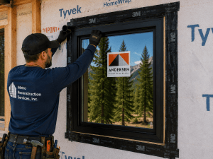 Construction worker installs a black-framed window on a house under construction; Tyvek wrap and tools visible outside the frame of the window.