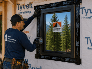 Construction worker installing a black-framed window in a partially wrapped home, with tools on his belt and Andersen sticker on the glass.