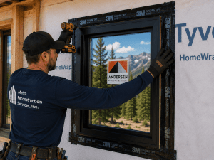 Workman installs a modern black-framed window on a house under construction, wearing a tool belt and cap.