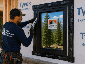 Construction worker installing a black window frame on a Tyvek-wrapped exterior wall, applying sealant with a caulking gun; Andersen sticker on glass.