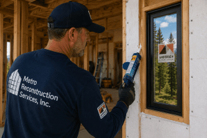 Construction worker applying caulk to a window frame in a new build, wearing a navy Metro Reconstruction shirt and cap, with an Andersen window sticker nearby.