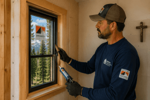 Male construction worker in a blue shirt and cap, sealing a window with a caulk gun in one hand and a wooden shim in the other; Andersen sticker on the window glass.