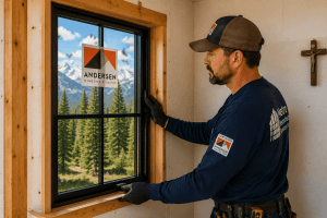 Window installer in a cap and navy shirt fits a black-framed window into a wooden wall; Andersen Windows & Doors sticker on the glass, mountain scenery outside.