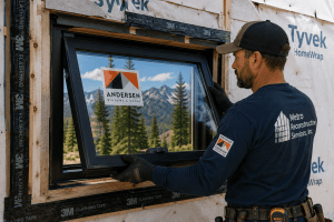 Construction worker installs an Andersen window in a partially built house, with mountains reflected in the glass.