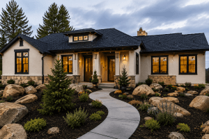Front view of a beige stucco house with dark trim and stone foundation, warm-lit windows, and a curved concrete walkway surrounded by rocks and shrubs.