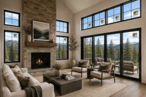 Cozy living room with a stone fireplace, beige sofa and chairs, and a low wooden coffee table, facing large black-framed windows and a mountain view outside.