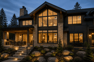 Modern mountain-style house at dusk with warm interior lights, stone columns, and a lit front porch and patio.