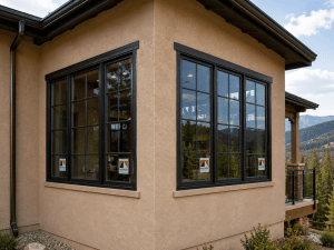 Tan stucco house corner with two large grid-style, black-framed windows; mountain scenery in the distance.
