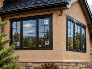 Tan stucco house exterior with large black-framed windows and stickers on the glass, reflecting trees and mountains in the panes.
