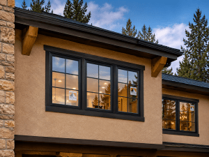 Beige stucco house with large black-framed windows; warm interior lighting, stone wall on the left, and pine trees outside.