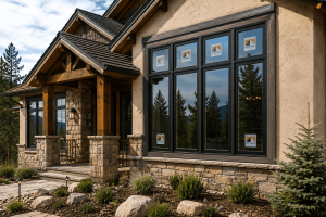 House with stone columns and large dark-framed windows overlooking pine trees and mountains in the distance.