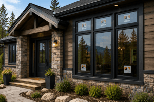 Rustic house exterior with stone columns, dark-framed windows, and wooden accents; entry steps and potted plants.