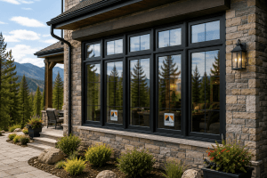 Stone-clad house with large black-framed windows, mountain backdrop, porch seating, and garden plants.