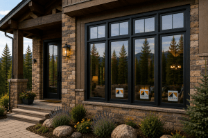 Stone-and-wood house exterior with large black-framed windows, lantern lighting, and landscaped rocks in the foreground against a forested mountain backdrop