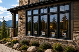 Front of a mountain home with large black-framed windows, stone and wood siding, and a landscaped foreground with rocks and shrubs.