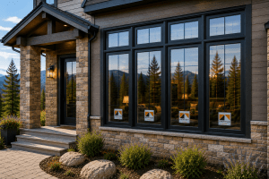 Stone-and-wood house exterior with large black-framed windows reflecting mountains; brick and stone porch with steps and outdoor light fixtures.