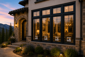 Stone-and-stucco house with large black-framed windows glowing warmly from interior lighting at dusk, with mountain landscape and landscaped path lights outside
