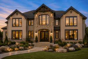 Two-story stone-and-stucco house at dusk with warm window lights, a landscaped front yard, and a stone walkway leading to the entry.