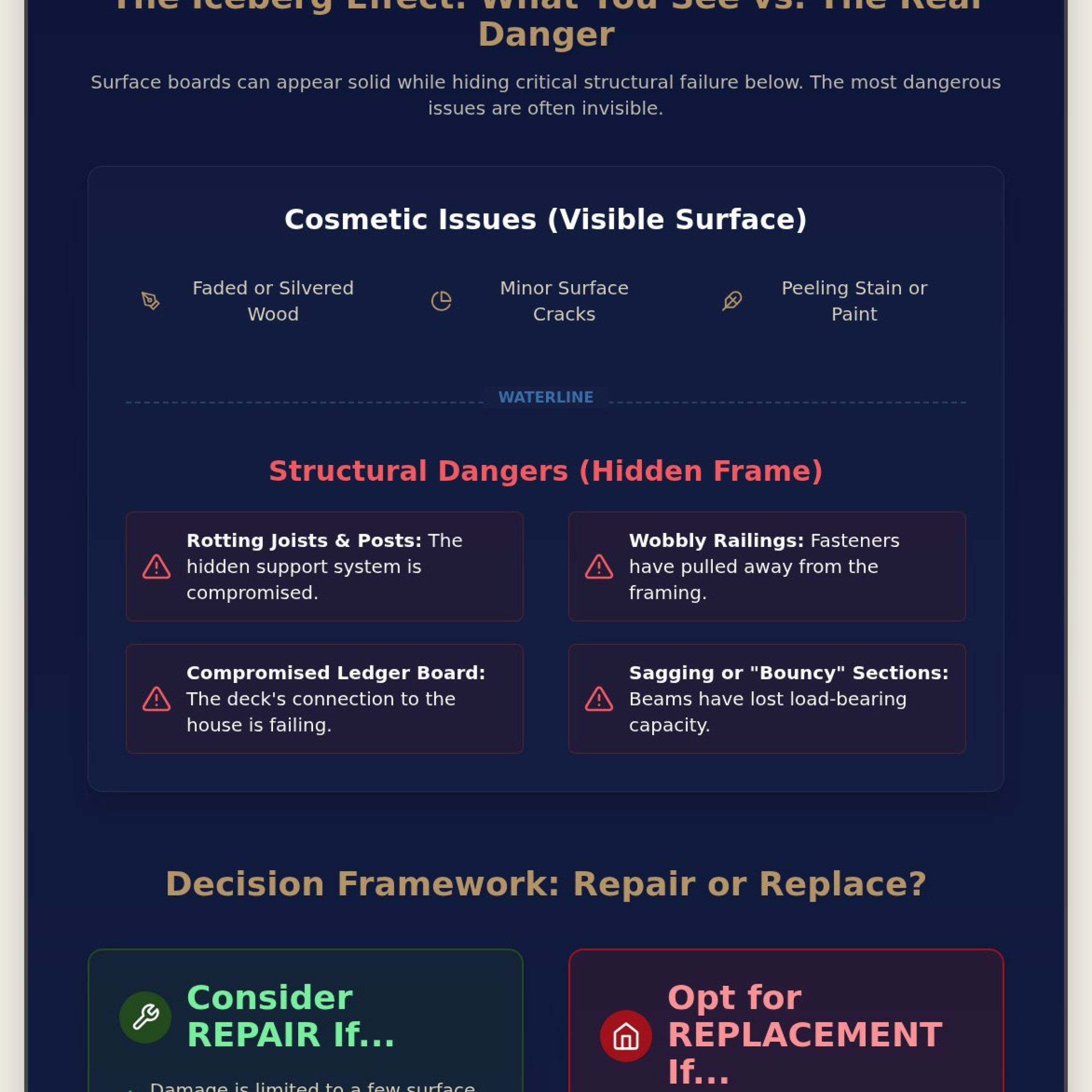 Deck Repair vs Replacement in Boulder A 2026 Structural Guide - Infographic | Colorado's Colorado's Exterior Remodeling & Building Envelope Specialists Deck Repair vs. Replacement in Boulder: A 2026 Structural Guide