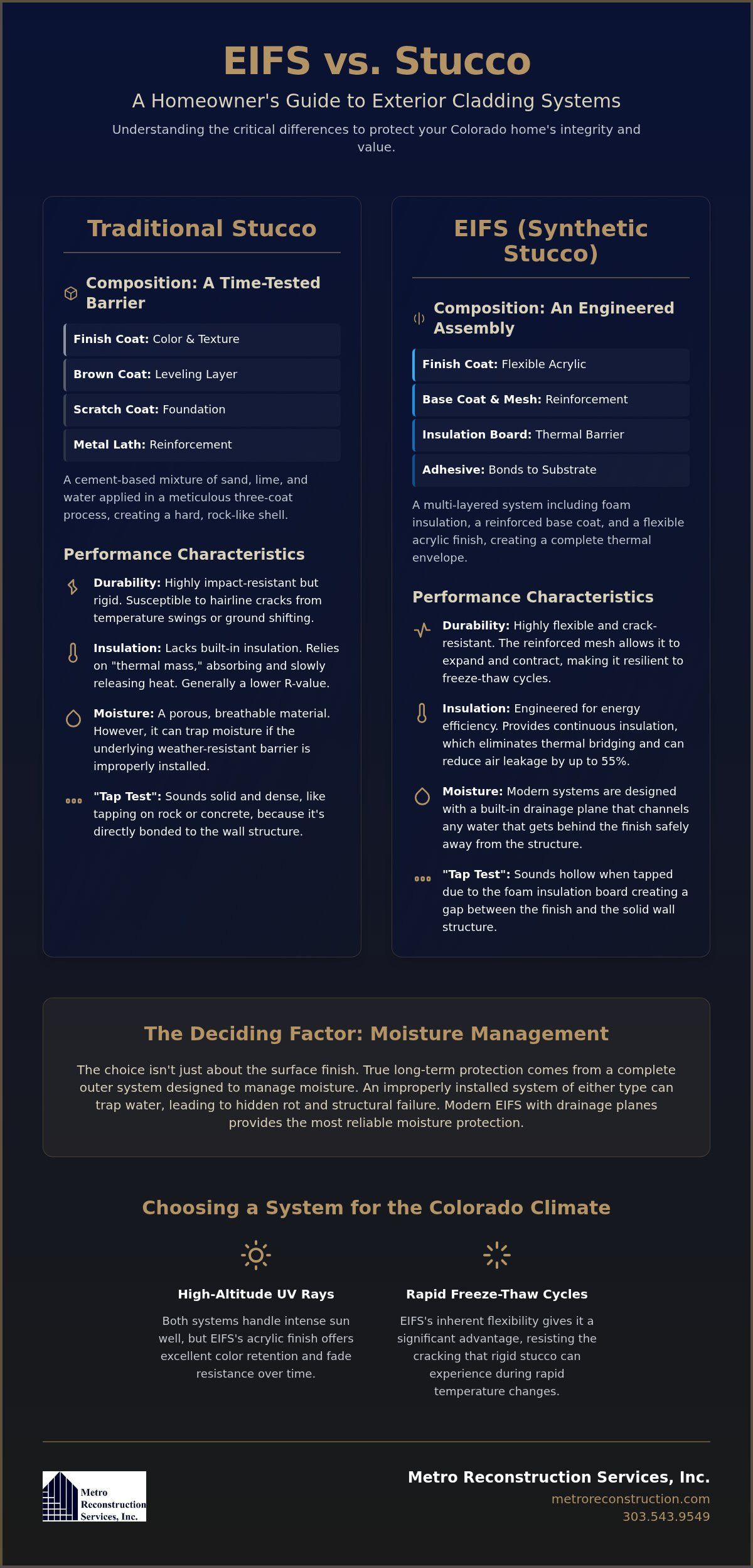 EIFS vs Stucco Choosing the Right Exterior for Your Colorado Home - Infographic | Colorado's Colorado's Exterior Remodeling & Building Envelope Specialists EIFS vs. Stucco: Choosing the Right Exterior for Your Colorado Home