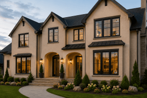 Two-story beige stucco house with arched entryways, potted evergreens, and warm exterior lights at dusk in a landscaped lawn. (Informative image)