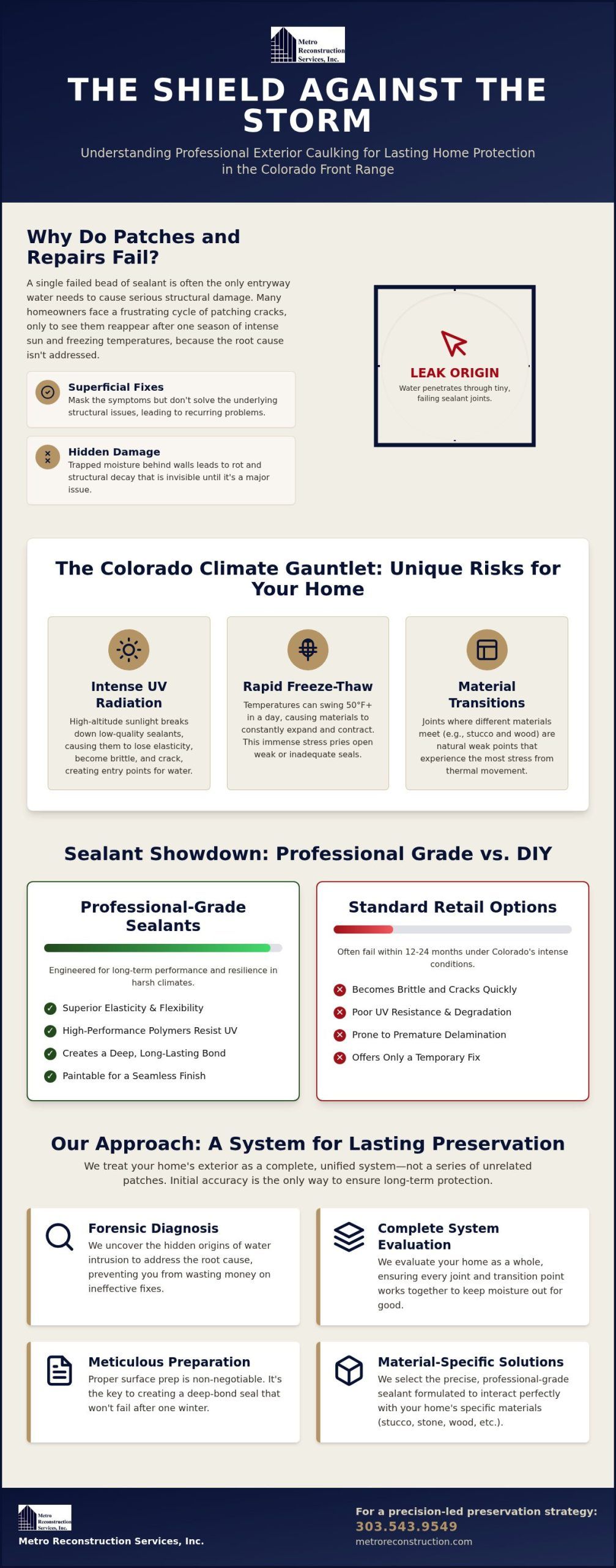 Exterior Caulking Guide for Water Leaks 2026 - Infographic | Colorado's Colorado's Exterior Remodeling & Building Envelope Specialists Exterior Caulking Guide for Water Leaks (2026)