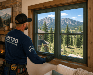 Construction worker wearing a Metro Reconstruction Services shirt installs a large green-framed window in a mountain-home interior, with trees and mountains outside.