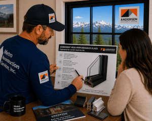 Two people review an Andersen display board about high-performance glass, with window samples on the table.