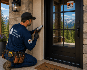 Construction worker kneels at an exterior door frame, applying sealant with a caulk gun while wearing a tool belt.