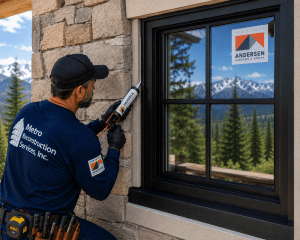 Contractor applying caulk to a black-framed window on a stone wall with mountains in the background.