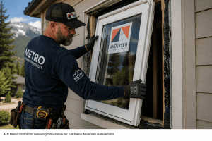 Metro contractor removes an old window from a house for a full-frame Andersen replacement.