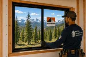 Construction worker in a dark blue shirt installs a large black-framed window in a wood-framed wall, with a forest and snow-capped mountains visible outside as an Andersen sticker appears on the glass.