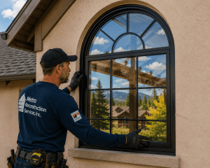 Worker wearing a cap and gloves installs a large arched window into a stucco exterior wall.