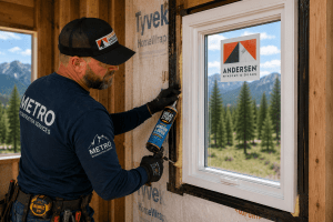 Construction worker seals a white window frame in a partially built wooden wall, mountains visible outside the cabin.