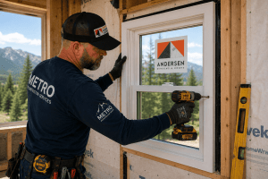 Construction worker installing a white window in a wooden frame, mountains in the background; man wears METRO gear and uses a drill.