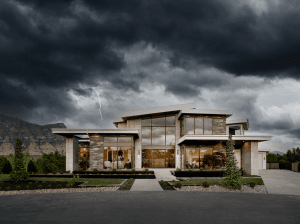 Modern stone-and-glass home under a dramatic, stormy sky with a visible lightning bolt above the building.