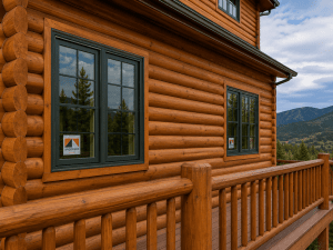 Exterior of a orange-brown log cabin with dark-framed windows and a wooden railing, mountains in the distance.