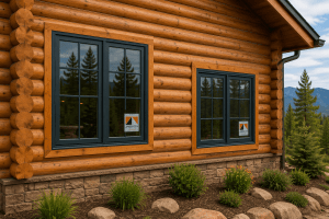 Rustic log cabin exterior with dark-framed windows, stone foundation, and garden rocks in the foreground.