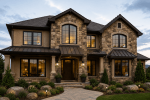 Front view of a two‑story stone-and-stucco house with arched windows and a landscaped entry at dusk; warm interior lights visible through the windows.