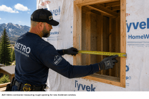Metro contractor measures rough opening in a new home under construction, with Tyvek wrap and mountain backdrop