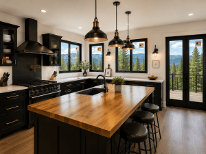 Modern black kitchen with a large wooden island, brass pendant lights, and a mountain view through the windows.