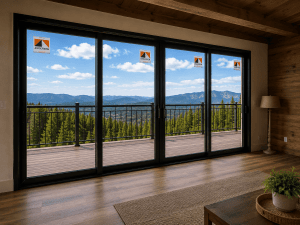 Mountain Deck with Andersen Sliding Patio Door | Colorado's Colorado's Exterior Remodeling & Building Envelope Specialists Four-panel sliding glass doors with black frames open to a wooden balcony, revealing pine trees and blue mountains beyond.