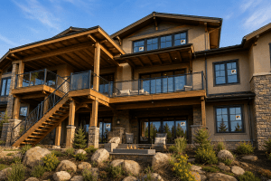 Exterior view of a modern, multi-level home with a wooden deck, glass railings, and stone accents overlooking a landscaped yard with a fire pit area.
