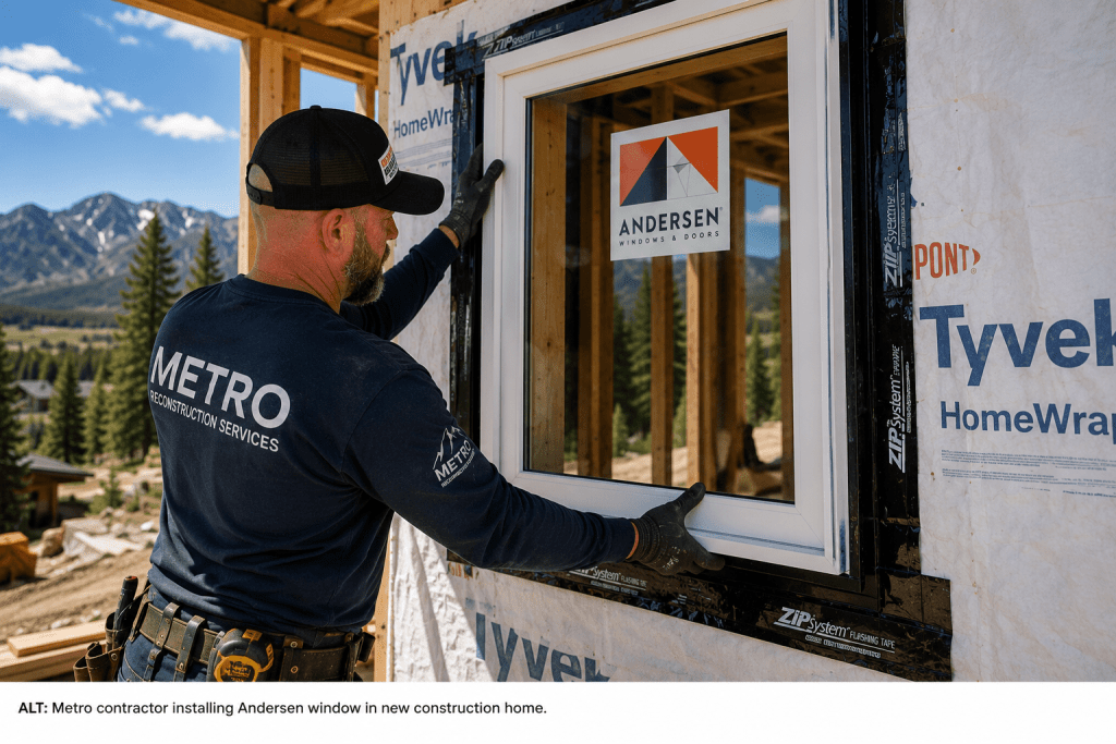 Metro contractor installs an Andersen window in a new home under construction, with mountains in the background.