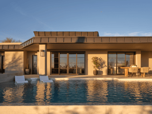 Modern beige house with large glass doors, patio seating, and a reflective pool in warm evening light.