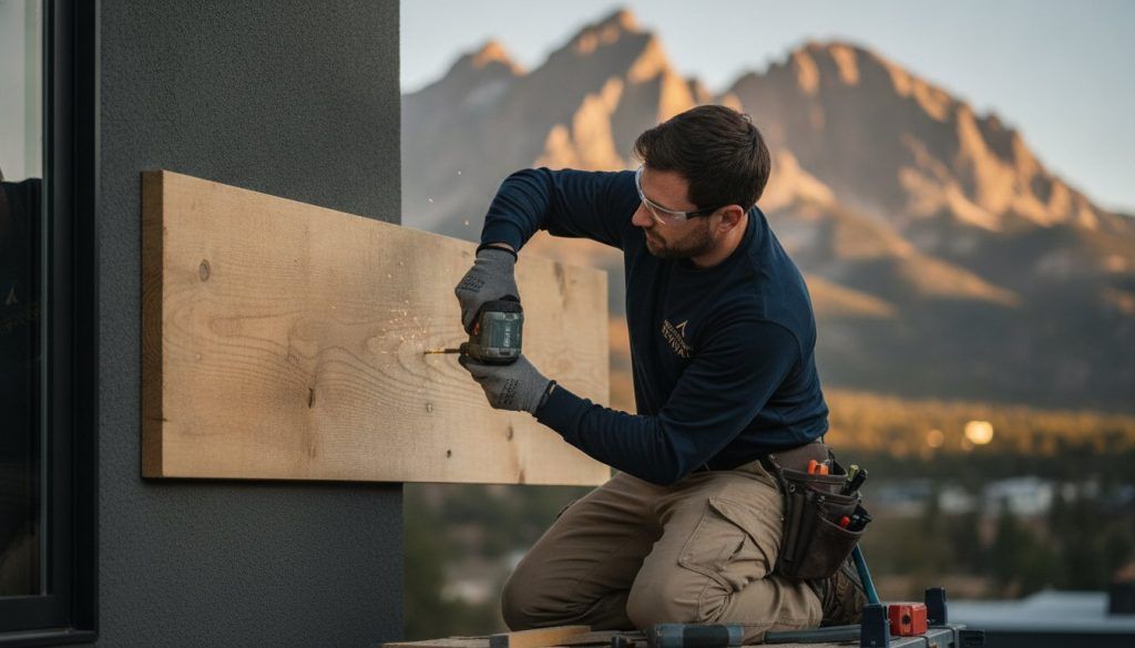 Worker with safety glasses drills into a wooden plank fixed to an exterior wall, mountains in the background.