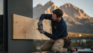 Worker with safety glasses drills into a wooden plank fixed to an exterior wall, mountains in the background.