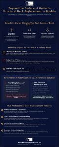 Infographic about Boulder deck replacement showing failure risks (UV damage, heavy snow, moisture) and safety signs.
